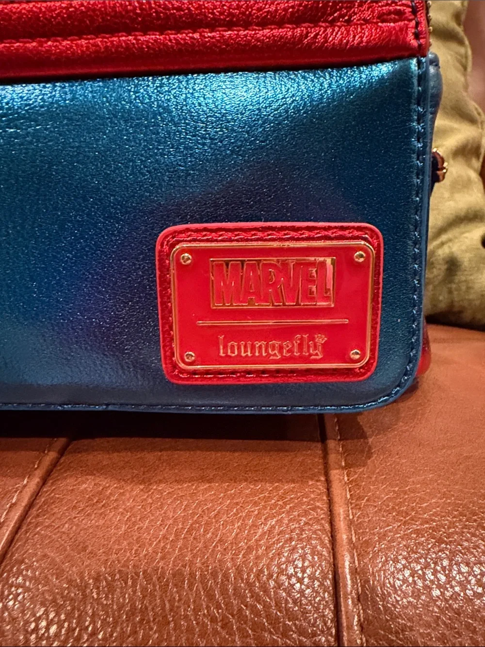 Loungefly Captain Marvel Metallic Blue, Red & Gold Mini Backpack with Wallet